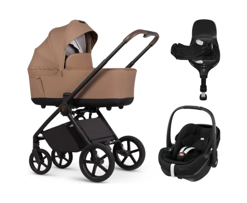 Venicci Claro 2 Caramel wózek 4w1 z fotelikiem Maxi-Cosi Pebble 360 Pro2 Twillic Black i bazą FamilyFix 360 Pro SlideTech®